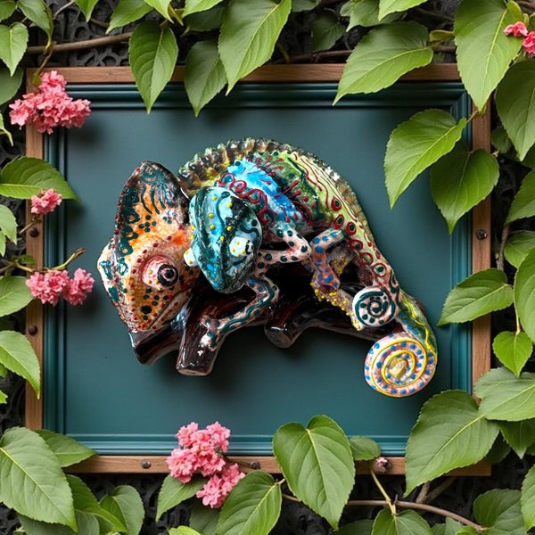 Beautiful Hand Painted Talavera Chameleon Momma & Baby Wall Decor – Assorted Designs