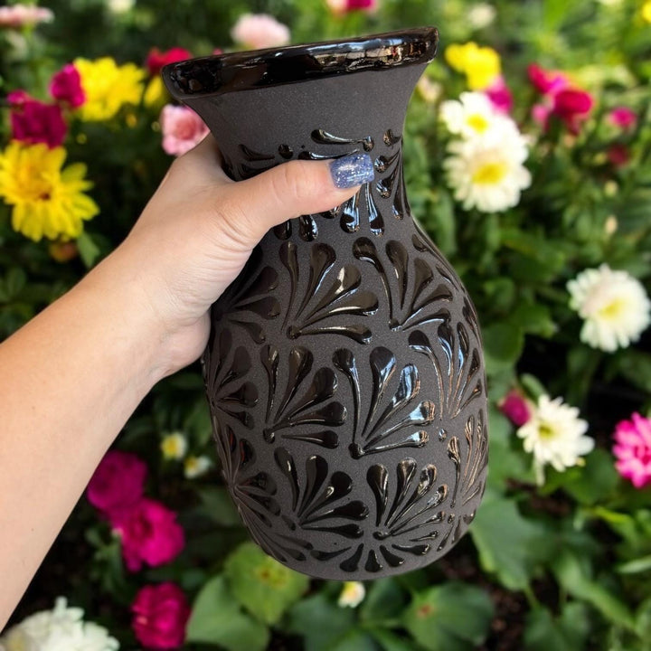 Hand Painted Mexican Black Clay and Black Rustic Vase (Cielito Lindo Inspired)