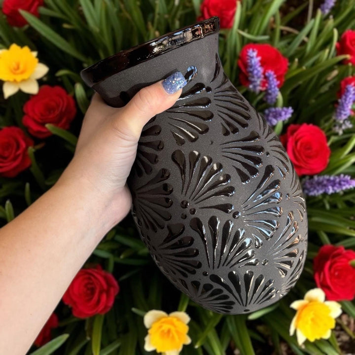 Hand Painted Standard Black Clay and Black Rustic Floral Vase (Cielito Lindo Inspired)