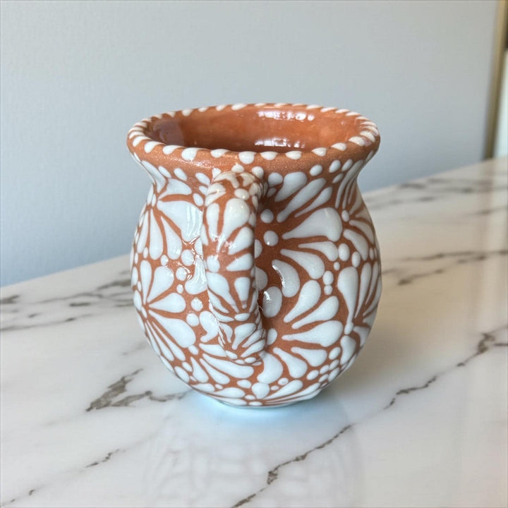 Hand Painted Mexican Talavera Brown and White Cantarito with Handle Coffee Mug (Cielito Lindo Inspired) – Set of 2