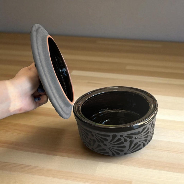 Hand Painted Black Clay and Black Rustic Tortilla Warmer “Tortillero” (Cielito Lindo Inspired)