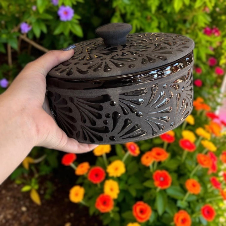 Hand Painted Black Clay and Black Rustic Tortilla Warmer “Tortillero” (Cielito Lindo Inspired)
