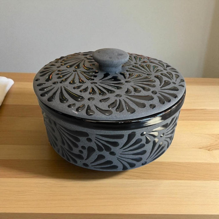 Hand Painted Black Clay and Black Rustic Tortilla Warmer “Tortillero” (Cielito Lindo Inspired)