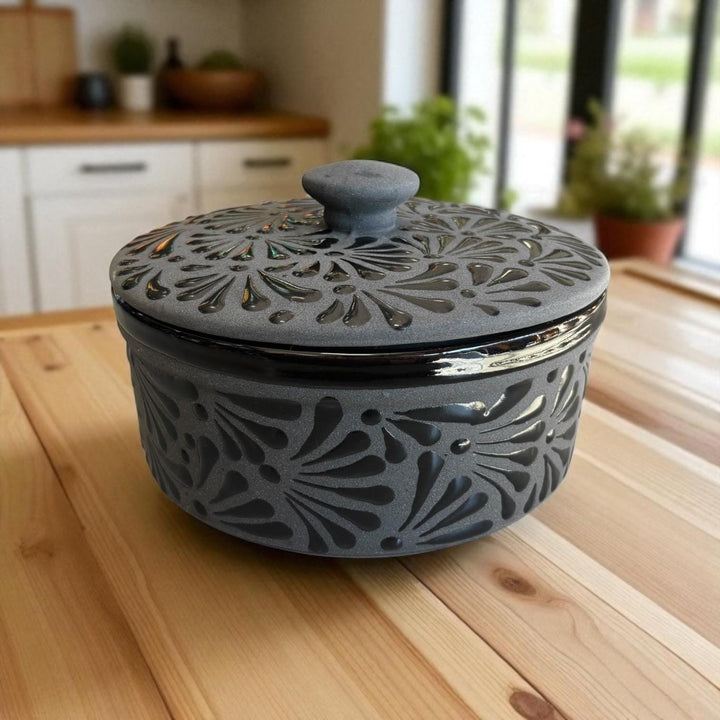 Hand Painted Black Clay and Black Rustic Tortilla Warmer “Tortillero” (Cielito Lindo Inspired)