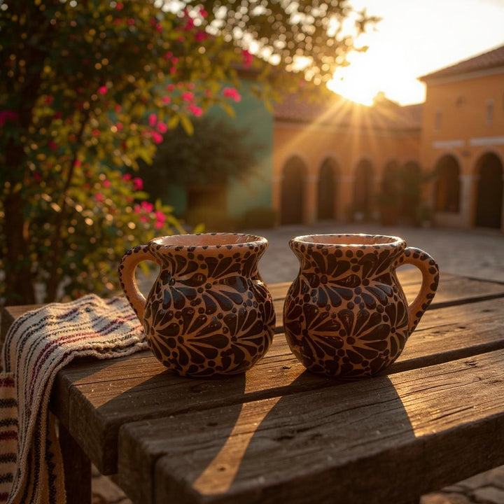 Hand Painted Mexican Talavera Brown and Chocolate Cantarito with Handle Coffee Mug (Cielito Lindo Inspired) – Set of 2