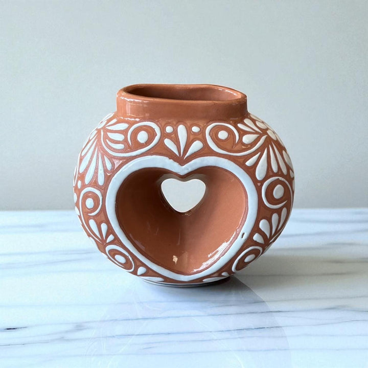 Hand Painted Mexican Talavera Brown and White Heart Donut Vase