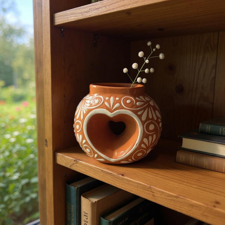 Hand Painted Mexican Talavera Brown and White Heart Donut Vase