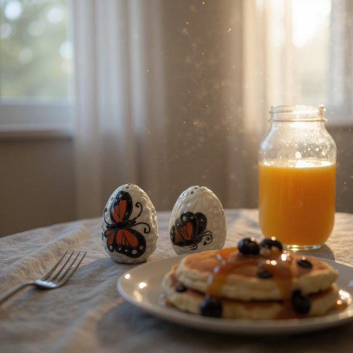 Hand Painted Mexican Talavera Monarch Butterfly Ivory and White Salt & Pepper Shaker Set