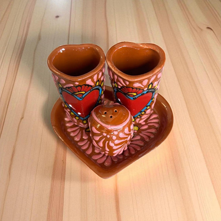 Hand Painted Talavera Dark Brown and Pink Heart Shot Glass “Tequilero” Set – Set of 2, Salt Shaker, & Heart Tray