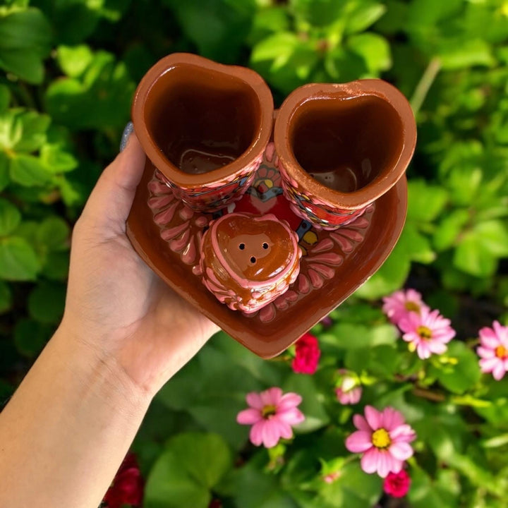 Hand Painted Talavera Dark Brown and Pink Heart Shot Glass “Tequilero” Set – Set of 2, Salt Shaker, & Heart Tray