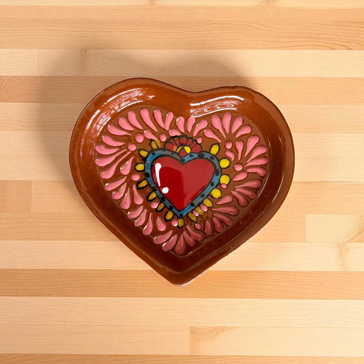 Hand Painted Talavera Dark Brown and Pink Heart Shot Glass “Tequilero” Set – Set of 2, Salt Shaker, & Heart Tray