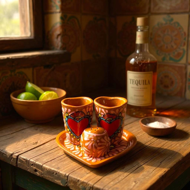 Hand Painted Talavera Dark Brown and Pink Heart Shot Glass “Tequilero” Set – Set of 2, Salt Shaker, & Heart Tray