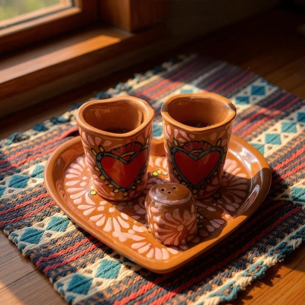 Hand Painted Talavera Dark Brown and Pink Heart Shot Glass “Tequilero” Set – Set of 2, Salt Shaker, & Heart Tray