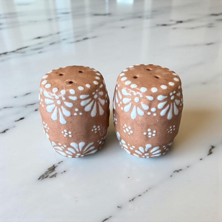 Hand Painted Mexican Talavera Brown and White Barrel Salt & Pepper Shaker Set