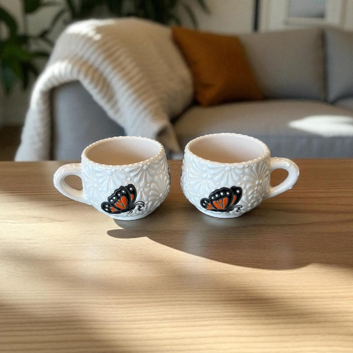 Beautiful Hand Painted Talavera Ivory and White Monarch Butterfly Small Mug – Set of 2