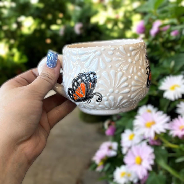 Beautiful Hand Painted Talavera Ivory and White Monarch Butterfly Small Mug – Set of 2