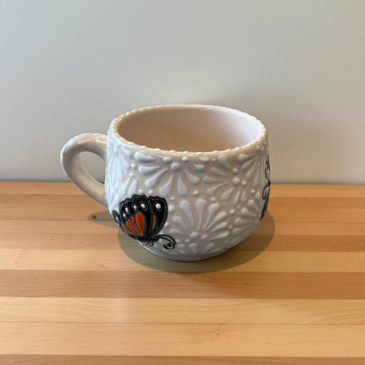 Beautiful Hand Painted Talavera Ivory and White Monarch Butterfly Small Mug – Set of 2
