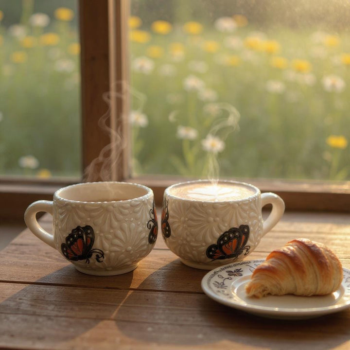 Beautiful Hand Painted Talavera Ivory and White Monarch Butterfly Small Mug – Set of 2