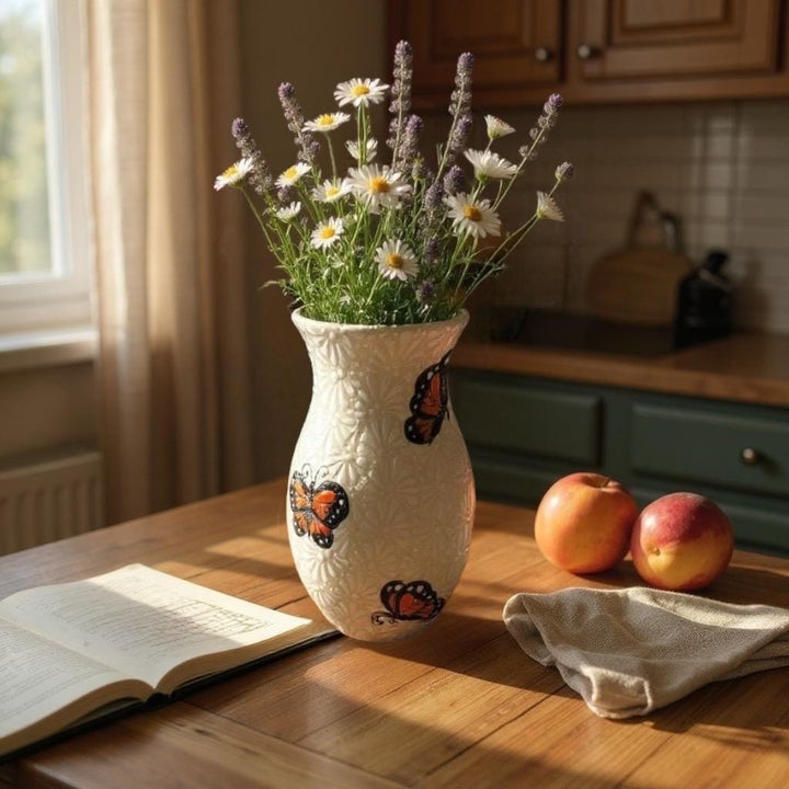 Hand Painted Ivory and White Monarch Buttery Talavera Flower Vase (Cielito Lindo Inspired)