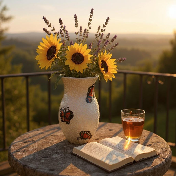 Hand Painted Ivory and White Monarch Buttery Talavera Flower Vase (Cielito Lindo Inspired)
