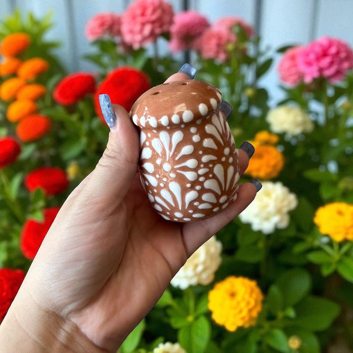 Hand Painted Mexican Talavera Brown and White Salt & Pepper Shaker Set (Border Only)