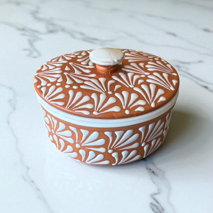 Hand Painted Clay Brown and White Rustic Tortilla Warmer “Tortillero” (Cielito Lindo Inspired)