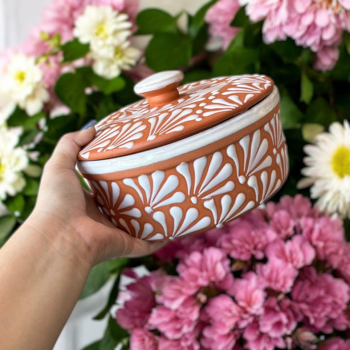 Hand Painted Clay Brown and White Rustic Tortilla Warmer “Tortillero” (Cielito Lindo Inspired)