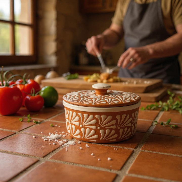 Hand Painted Clay Brown and White Rustic Tortilla Warmer “Tortillero” (Cielito Lindo Inspired)
