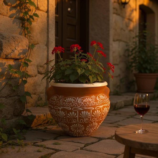 Beautiful Hand Painted Brown Clay & White Rustic Pot with Handles (Varying Design)