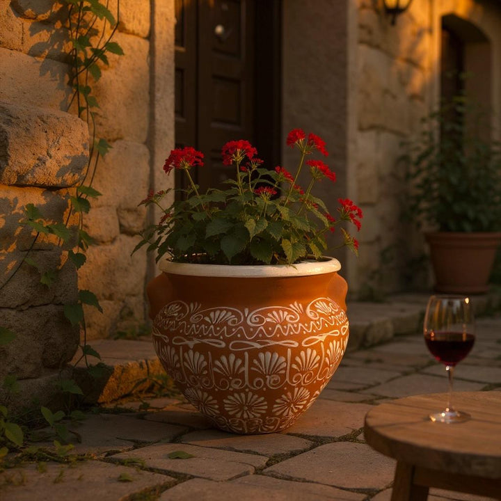 Beautiful Hand Painted Brown Clay & White Rustic Pot with Handles (Varying Design)