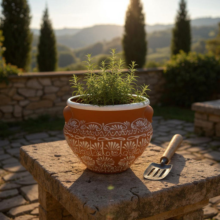 Beautiful Hand Painted Brown Clay & White Rustic Pot with Handles (Varying Design)