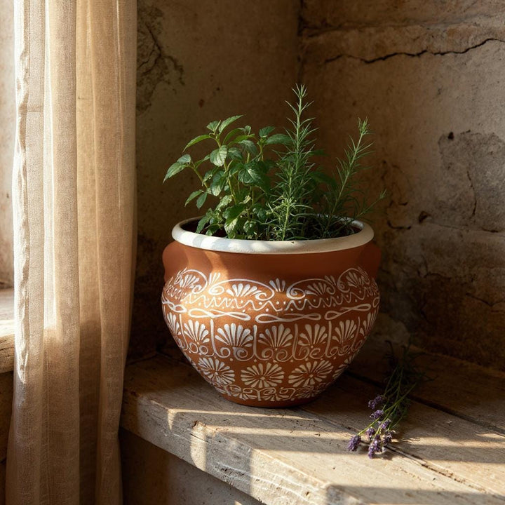Beautiful Hand Painted Brown Clay & White Rustic Pot with Handles (Varying Design)