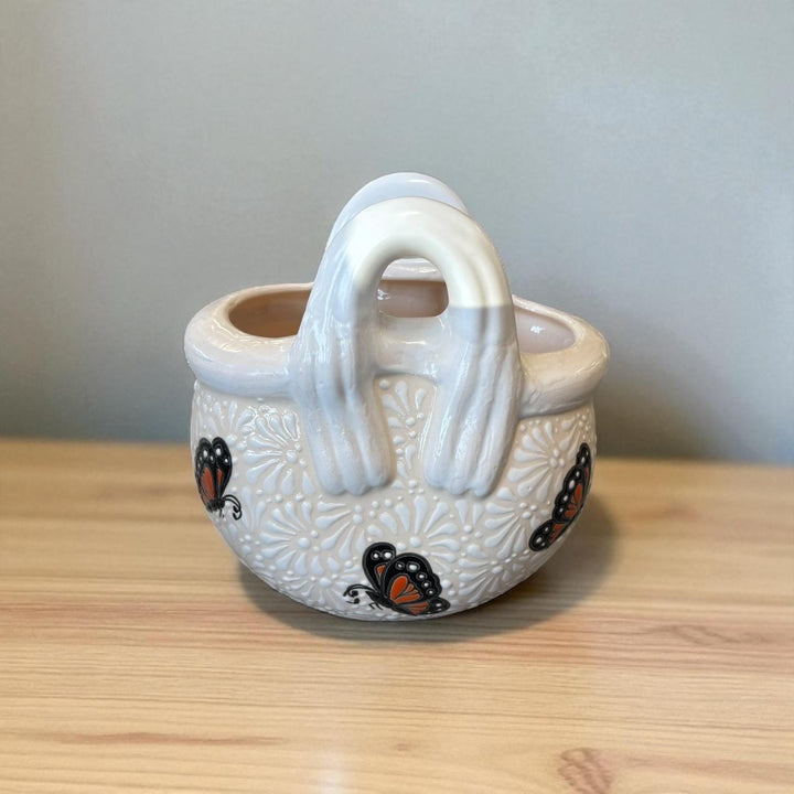 Ivory and White Hand Painted Monarch Butterfly Talavera Basket Vase Pot (Cielito Lindo Inspired)