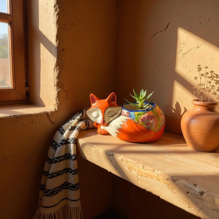 Cute Hand Painted Mexican Talavera Orange Fox Animal Planter Pot (Varying Design)
