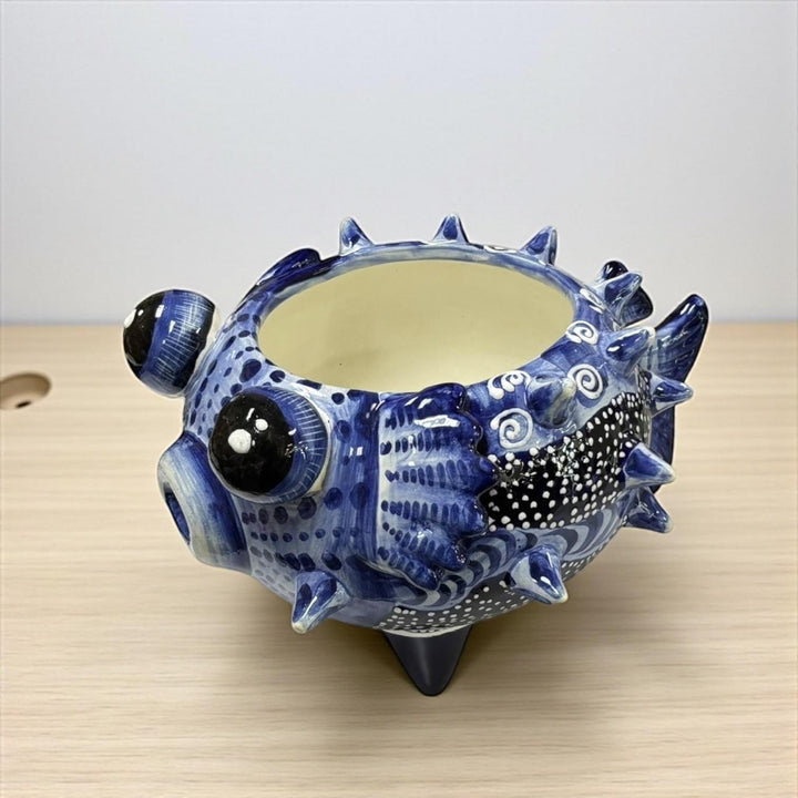 Beautiful Hand Painted Mexican Talavera Dark Blue Pufferfish Planter Pot