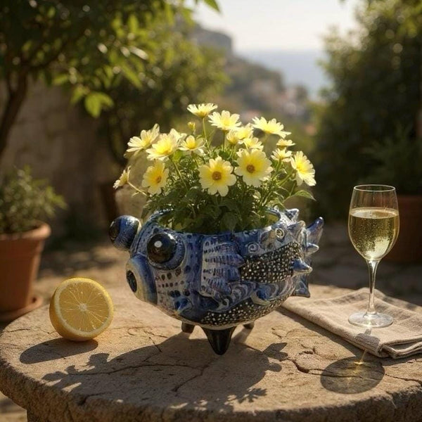 Beautiful Hand Painted Mexican Talavera Dark Blue Pufferfish Planter Pot