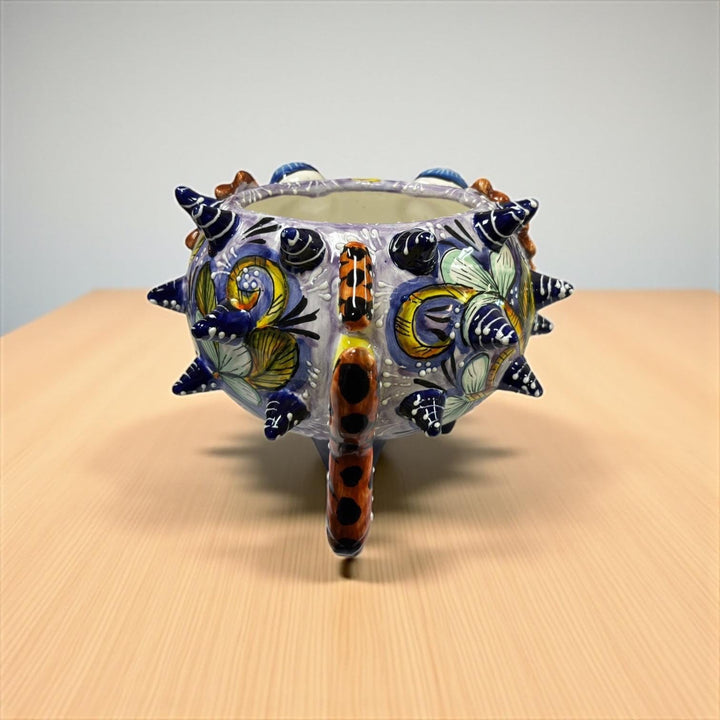 Beautiful Hand Painted Mexican Talavera Light Blue Floral Pufferfish Planter Pot