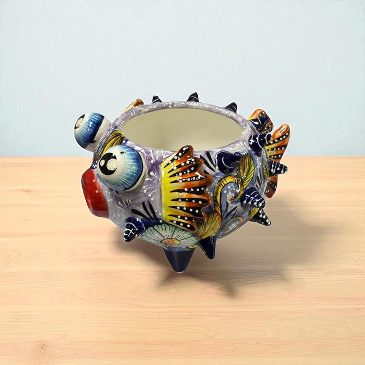 Beautiful Hand Painted Mexican Talavera Light Blue Floral Pufferfish Planter Pot