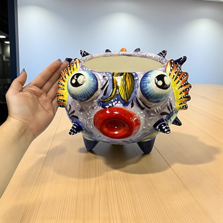 Beautiful Hand Painted Mexican Talavera Light Blue Floral Pufferfish Planter Pot