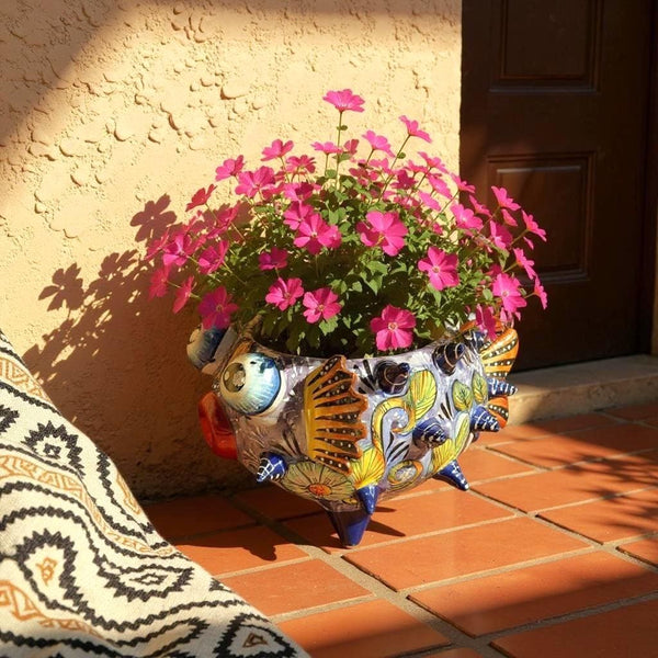 Beautiful Hand Painted Mexican Talavera Light Blue Floral Pufferfish Planter Pot