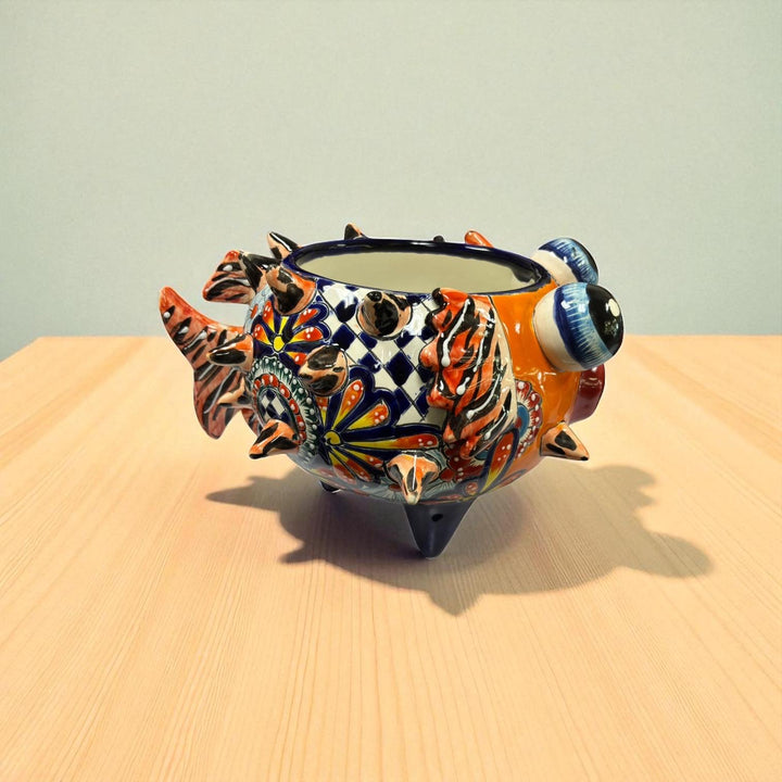 Beautiful Hand Painted Mexican Talavera Orange Floral Pufferfish Planter Pot