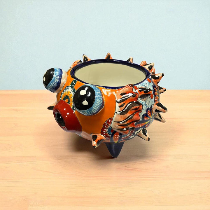 Beautiful Hand Painted Mexican Talavera Orange Floral Pufferfish Planter Pot