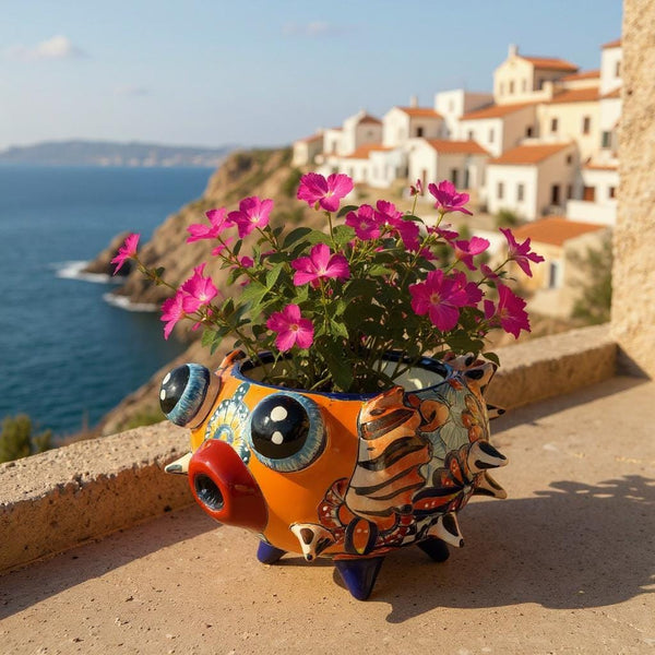 Beautiful Hand Painted Mexican Talavera Orange Floral Pufferfish Planter Pot