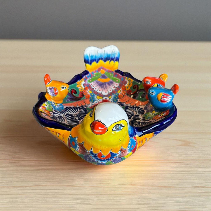 Hand Painted Mexican Talavera Tabletop Yellow Blue Bird Bath