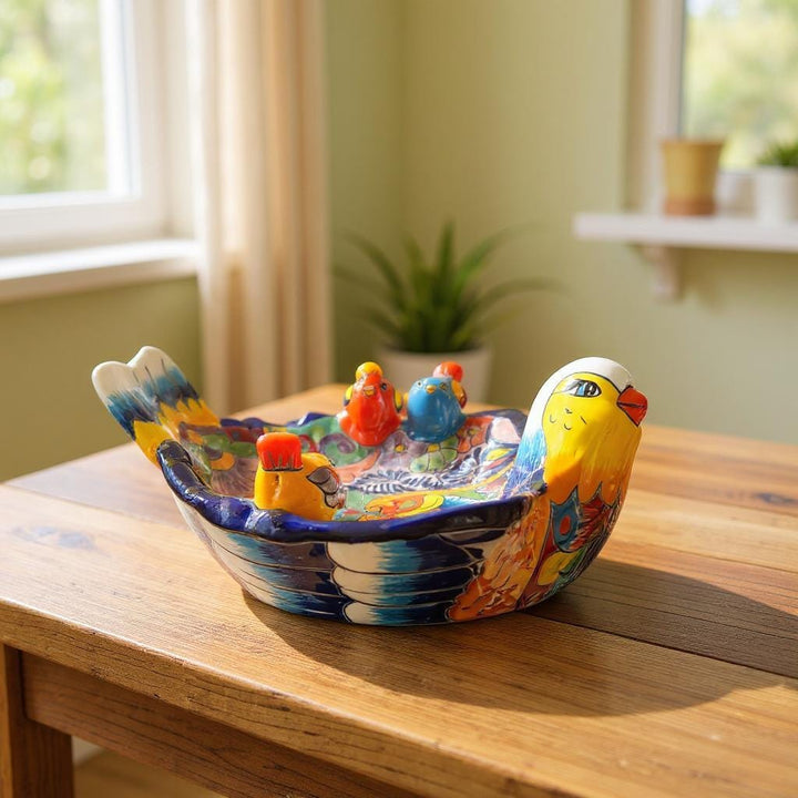 Hand Painted Mexican Talavera Tabletop Yellow Blue Bird Bath