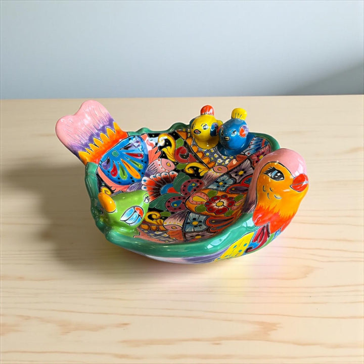 Hand Painted Mexican Talavera Tabletop Pink Aqua Green Bird Bath