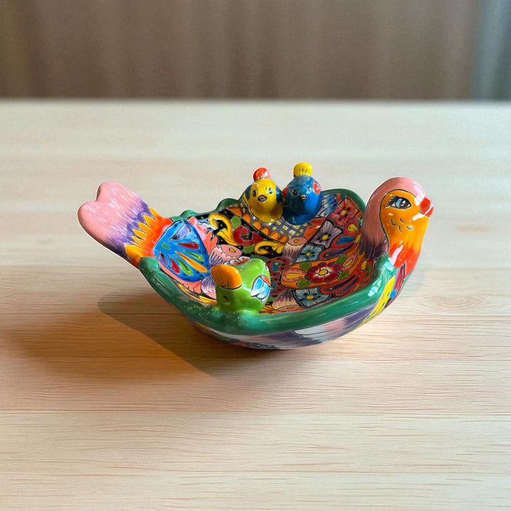 Hand Painted Mexican Talavera Tabletop Pink Aqua Green Bird Bath