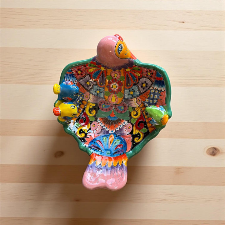 Hand Painted Mexican Talavera Tabletop Pink Aqua Green Bird Bath
