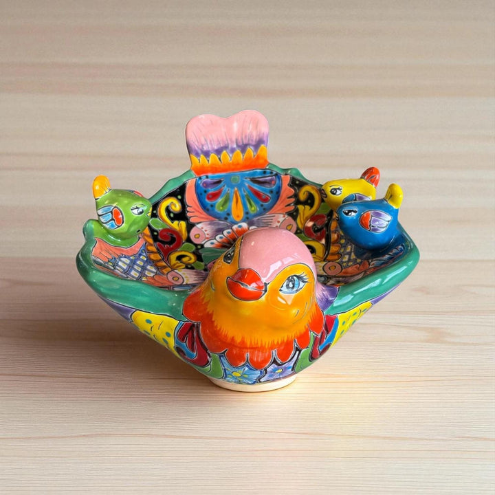 Hand Painted Mexican Talavera Tabletop Pink Aqua Green Bird Bath