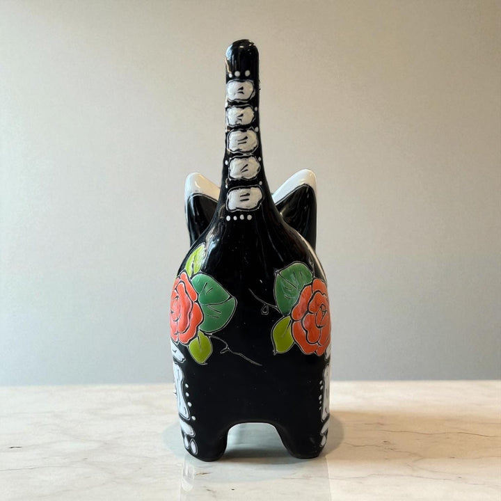 Cute Day of the Dead Hand Painted Talavera Floral Spooky Skeleton Cat Figure (Varying Design)